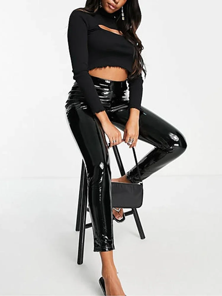 High Waist Faux Latex Pants Women Shiny Patent Leather Trousers Ladies Casual Bodycon Elastic Band Pencil Pants Leggings Custom