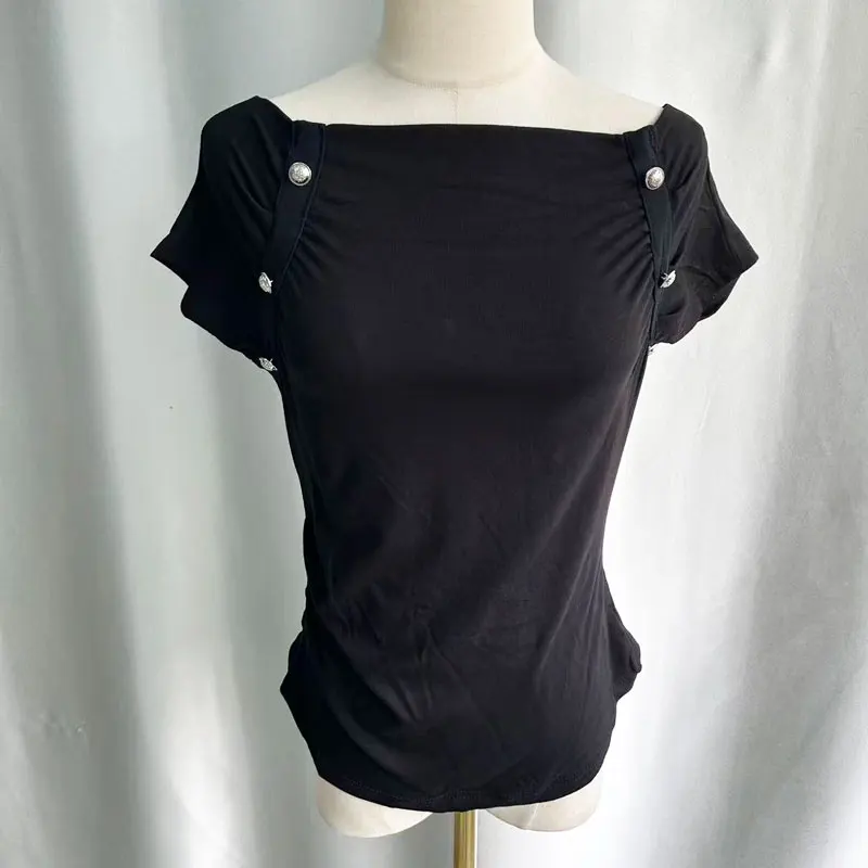 Kimotimo Sexy Off Shoulder T-shirt Women Solid Button Folds Design Short Sleeve Slim Waist Tees Y2k Aesthetic Fashion Crop Top