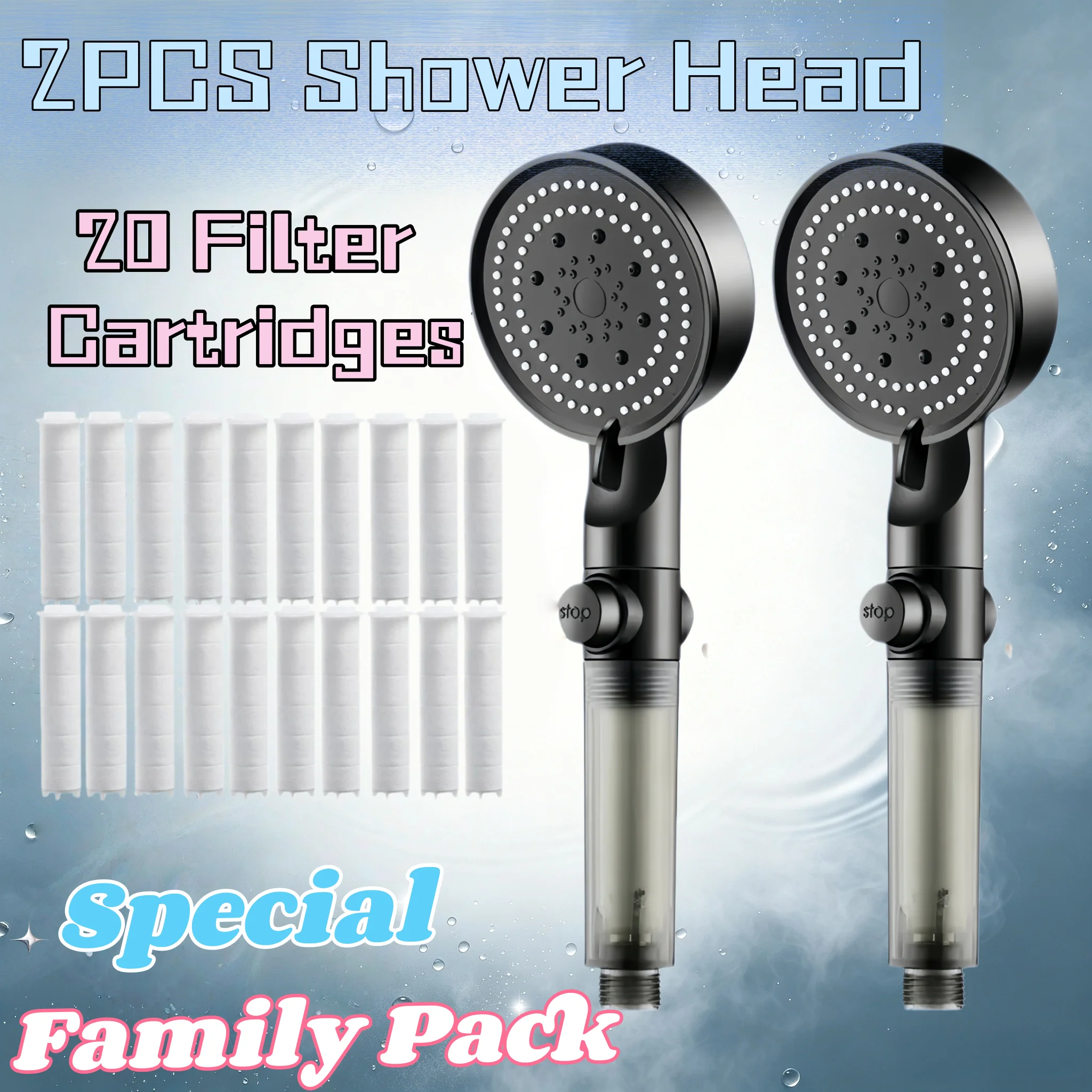 2 Shower Heads 20/10 Replacement Filters 5 Spray Modes Visible Filter Window Anti-Clog Silicone Nozzles One-Click Stop