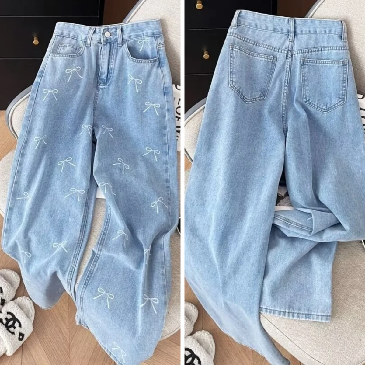 

Jeans Women Wide Leg Pants Straight Trousers Bow Print High Waist Stretch Distressed Washed Streetwear Vintage Denim 2025