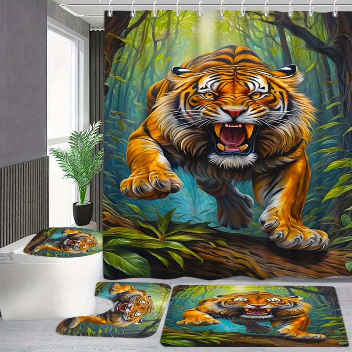 4pcs Creative High-Definition Green Leaf Animal Scenery Element Theme Pattern Print Shower Curtain Set, Luxury Shower Curtain Four-Piece Set Bathroom Home Decoration Shower Curtain with 12 Hooks, with Non-Slip Carpet, Toilet U-Shaped Pad, Toilet Cover Pad