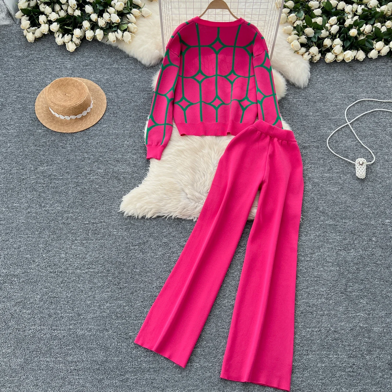 Women Two-Piece Sets Slim Long Sleeve Print Button Knit Top and Basics High Waist Wide Leg Pants Fashion Autumn Winter Clothing