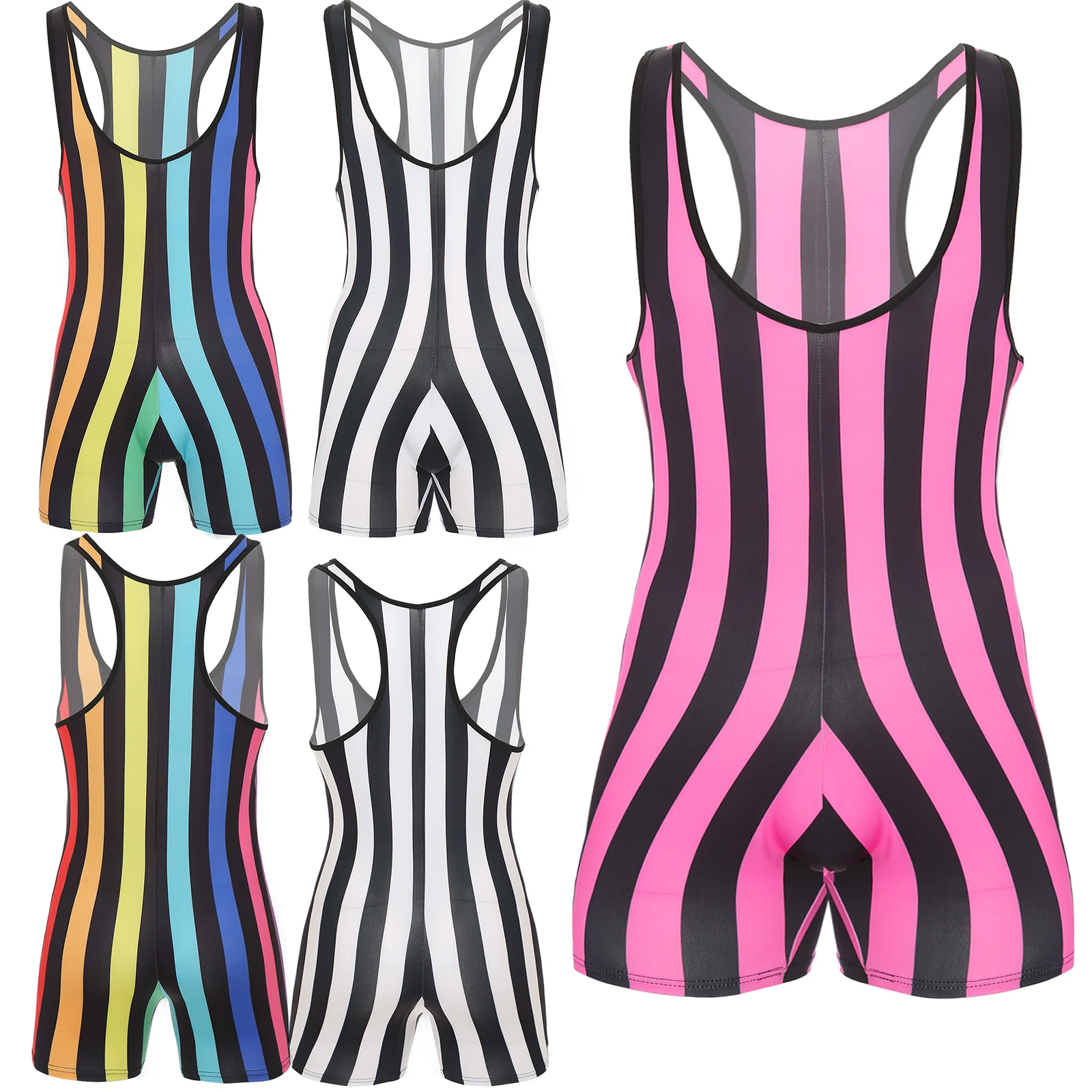 

Men's Wrestling Singlet Bodysuit Striped Jumpsuit Fitness Gym Sports Yoga Gymnastics Leotard Male Sleeveless Workout Bodysuits