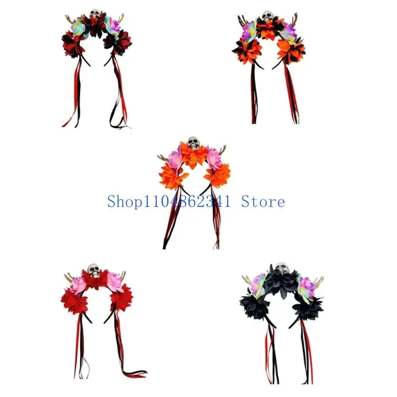 

5asd Skull Headbands Halloween Hair Accessory Colorful Flowers And Skeleton Hands For Adults Kids Costume Parties