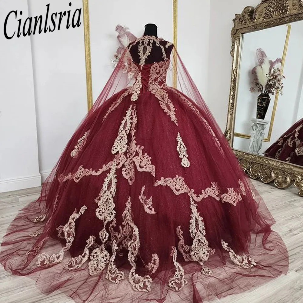 Sparkly Burgundy Quinceanera Prom Dresses with Wrap V Neck Sweet 15 Masquerade Gold Lace Appliqued Birthday Party Gowns