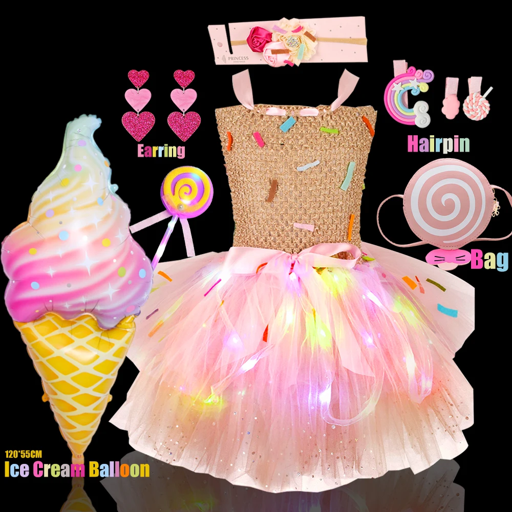 

Kids Cosplay LED Tutu Dresses Sweet Candy Lollipop Costume with Headband 3PCS Children Clothing Set Princess Gowns Carnival Dres