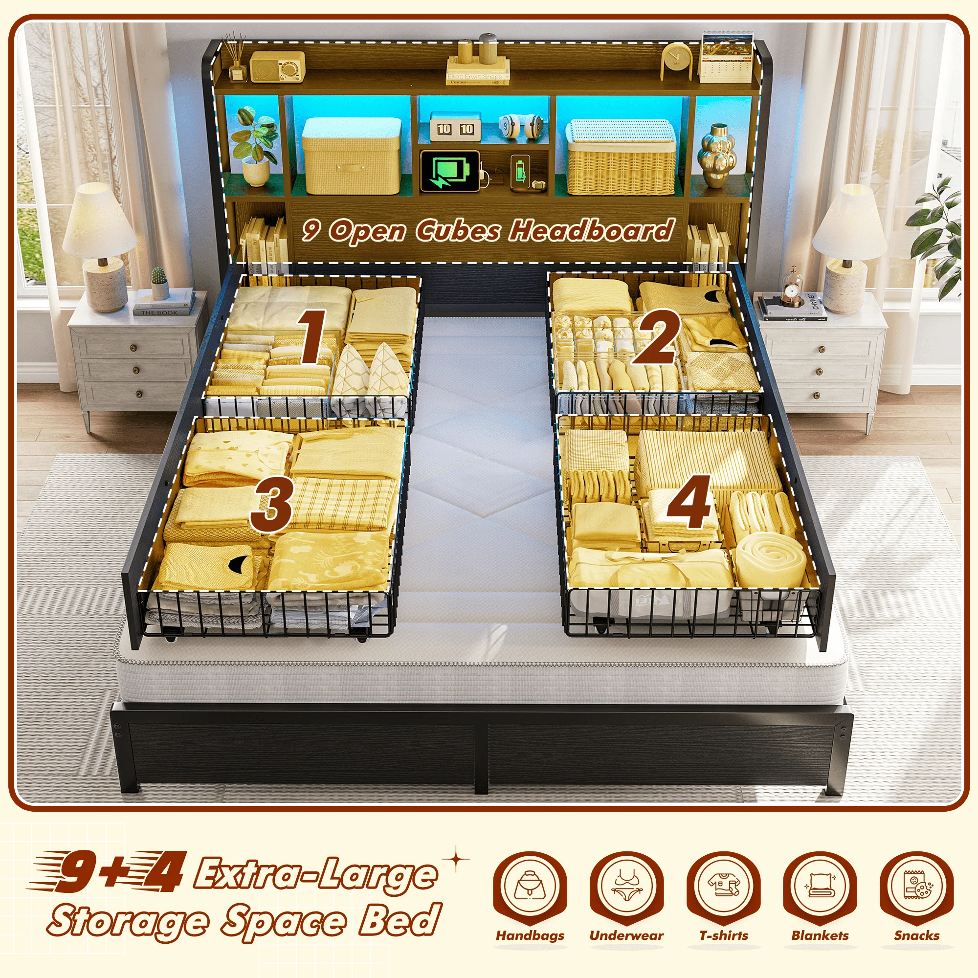 EnHomee Bed Frame with 4 Large Drawers & Charging Station & LED Lights Metal Platform Bed with 51
