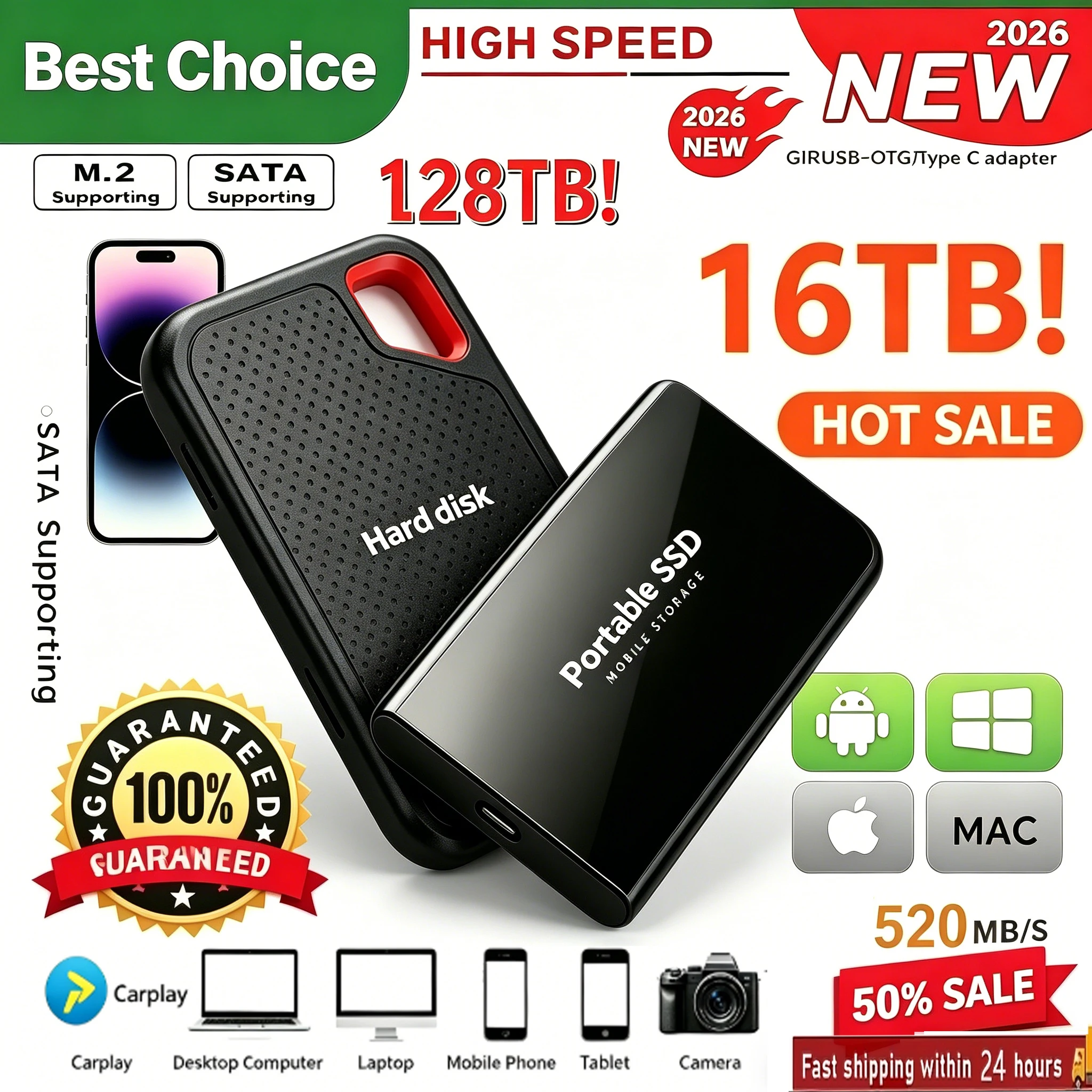 Новый высокопроизводительный SSD-накопитель 16 ТБ, портативный внешний жесткий диск 4 ТБ/1 ТБ с быстрой передачей данных USB 3.2 для ноутбуков/Mac/ПК/телефонов
