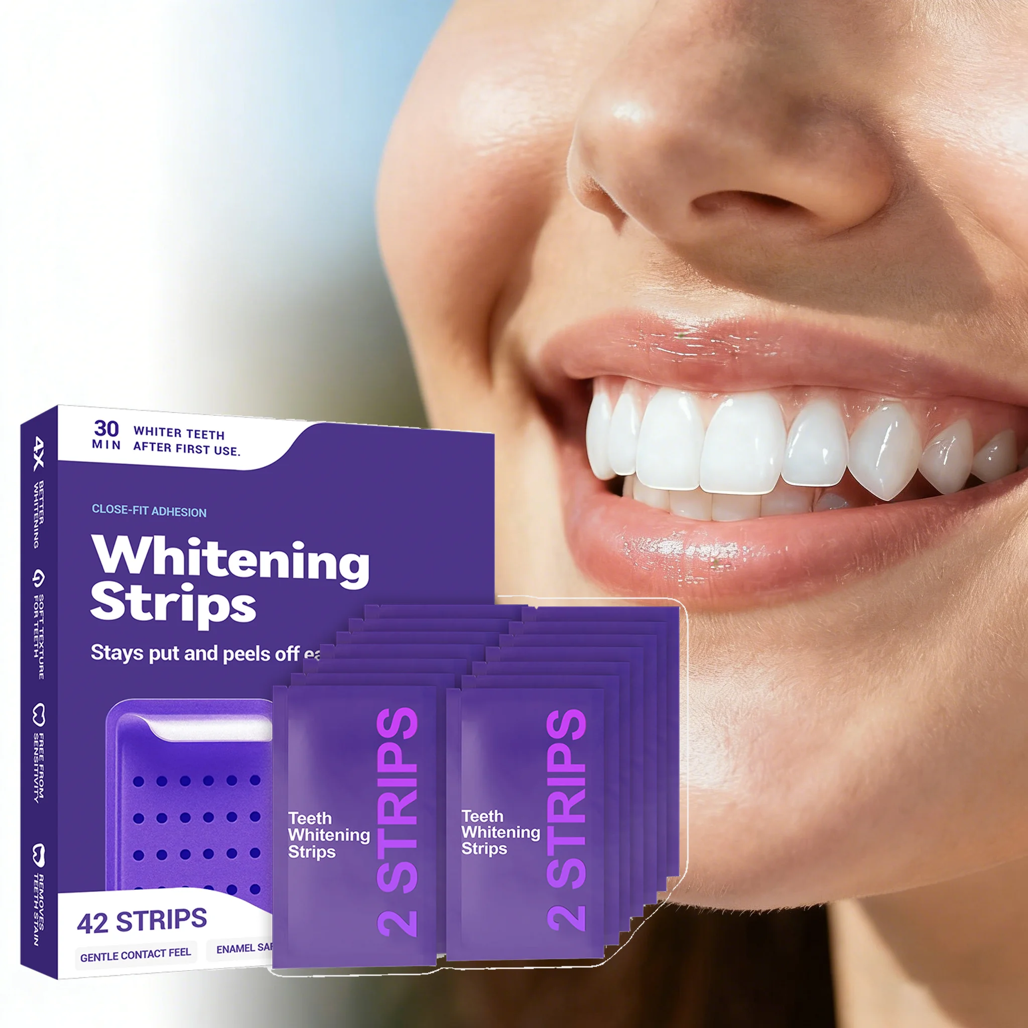 

42 полоски для отбеливания зубов фиолетового цвета: длительное осветление, улучшение состояния желтоватых зубов, гигиена полости рта, очищение, отбеливающие пластыри для зубов