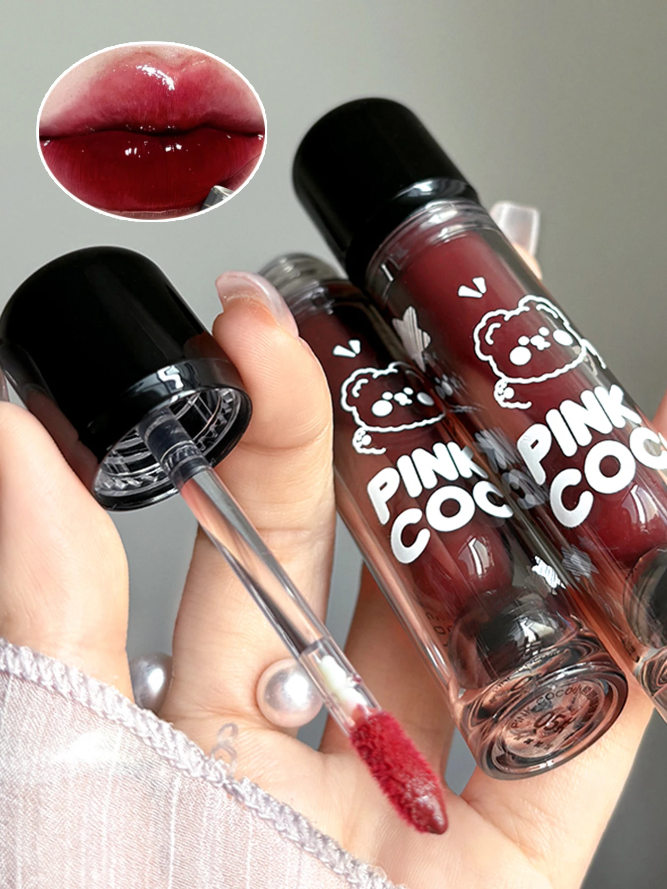 PINKCOCO Bear Doodle Mirror Lip Glaze – Brillant à lèvres brillant longue durée, rouge à lèvres nu éclaircissant pour étudiants, beautifu