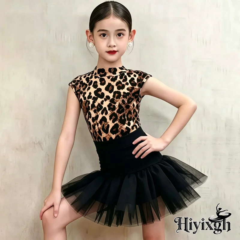 2026 Fashion Girls Latin Dance Performance Costume Leopard Latin Top Tutu Skirts Kids Chacha Competition Dance Dresses