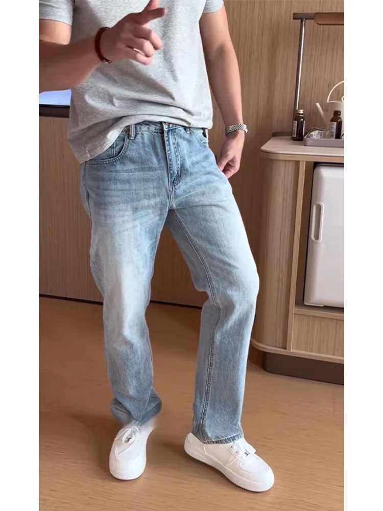 

American Sle Light Blue High Waist Lift Crotch Jeans Men CleanFit High Street Slimming Micro Flared Pants Straight Leg Fit
