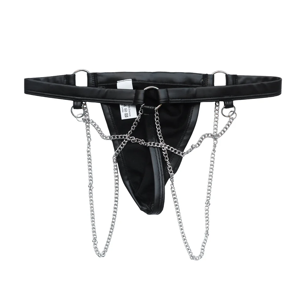 

Men Sexy Thongs with Chain Gay Sissy G-strings Erotic Soft Panties Bulge Pouch Underwear Faux Leather Underpants Low Rise T-back