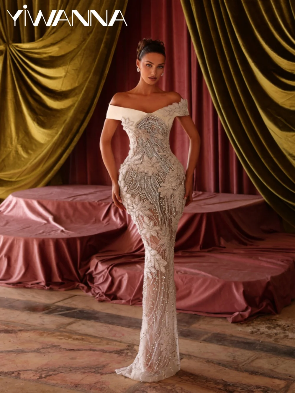 

Opulent Crystal Floor-length Wedding Dress Dreamy Off Shoulder Bridal Gown New Customized Sparkling Sheath Dresses For Bride