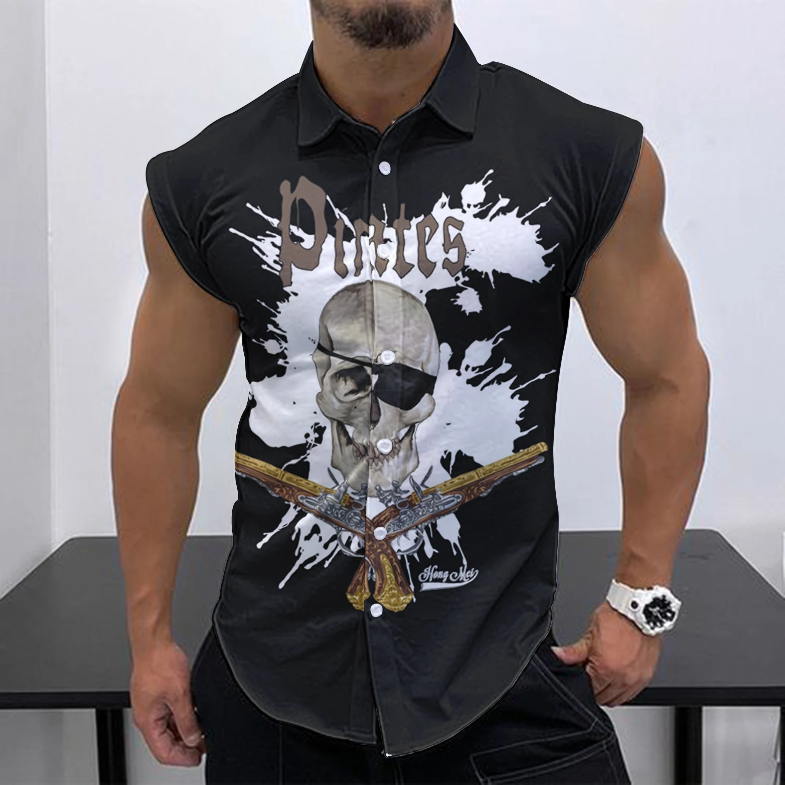 2023 Summer New Men\'s Sleeveless Shirt Fashion Street Leisure Beach Holiday Party Fashion Skull HD 3D Print Quick Dry Shirt