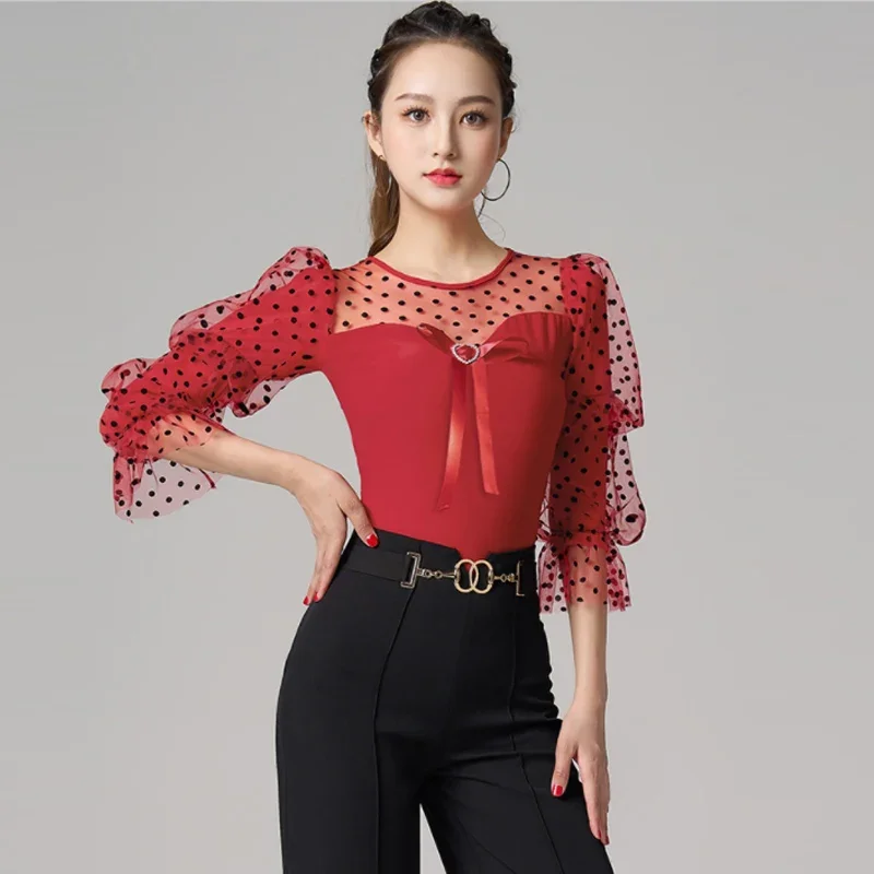 

2023 New Latin Dancing Bodysuit Polka Dots Latern Sleeve Ballroom Dance Clothes Women Prom Waltz Tango Dance Costume DL10232