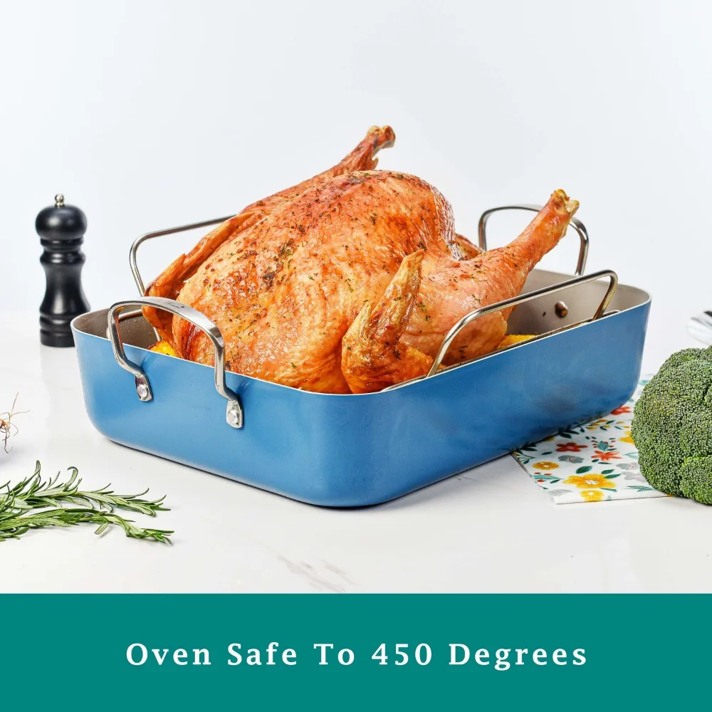 

18.8" Aluminum Non Stick Roaster with Stainless Steel Rack, Blue Steel Rack