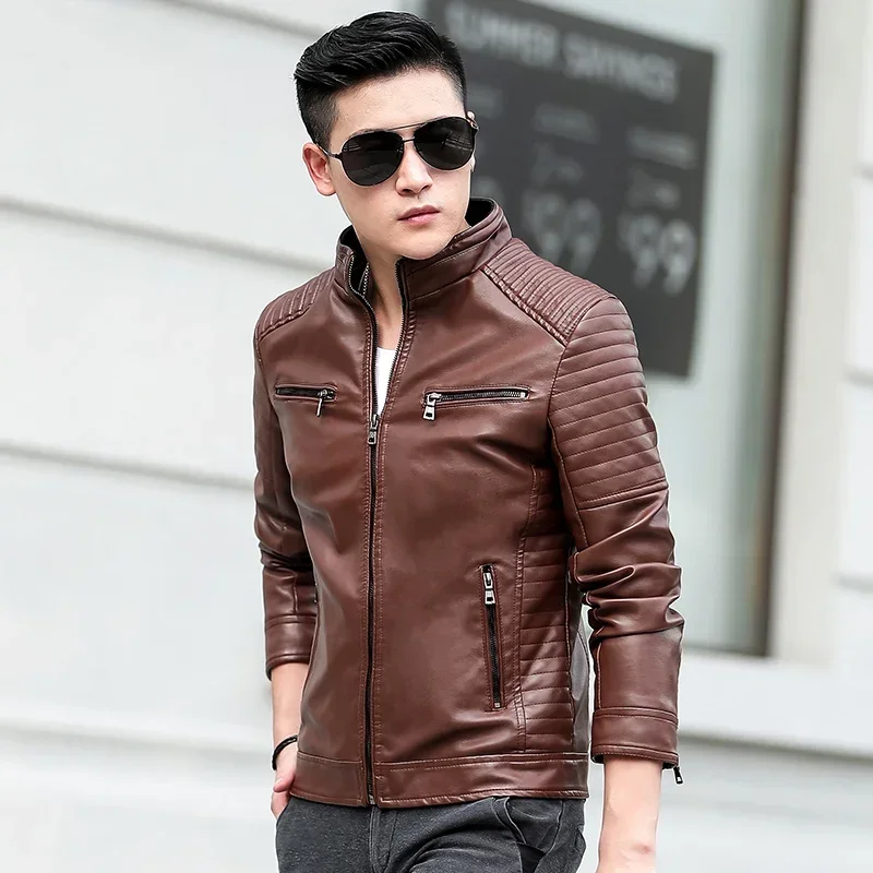 Jaket kulit motor Slim Fit pria, jaket kulit kasual ritsleting bermerek, jaket pengendara sepeda motor pria