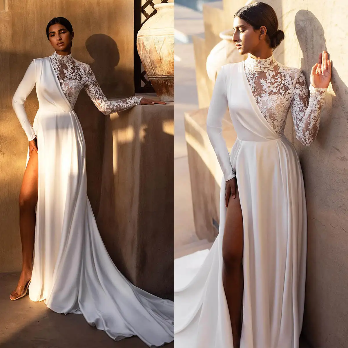 

Elegant Lace Applique High Slit Sheath Wedding Dress High Neck Long Sleeve Satin Bridal Gown свадебное платье Customized