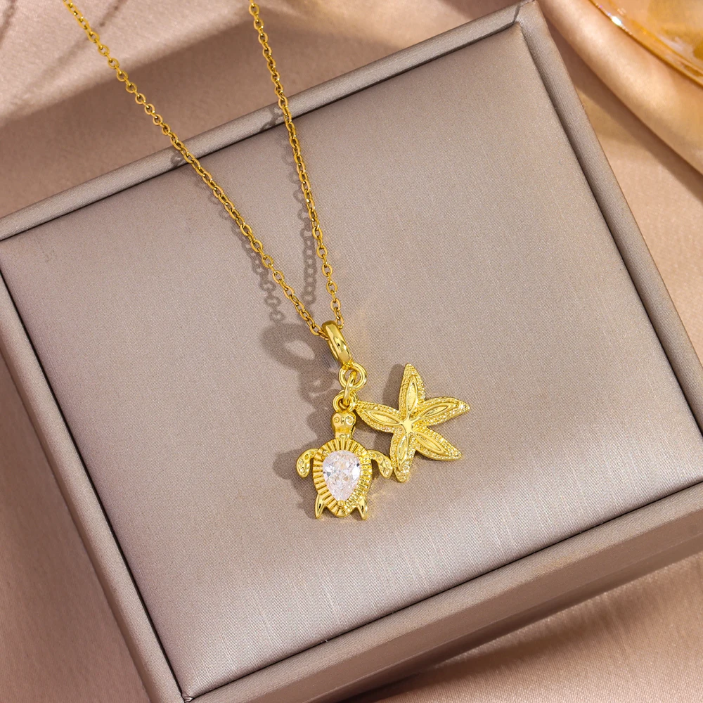 Neue 18K Gold Überzogene Seestern Schildkröte Anhänger Halsketten Für Frauen Weibliche Täglichen Verschleiß Edelstahl Hals Kette Schmuck Mädchen geschenk