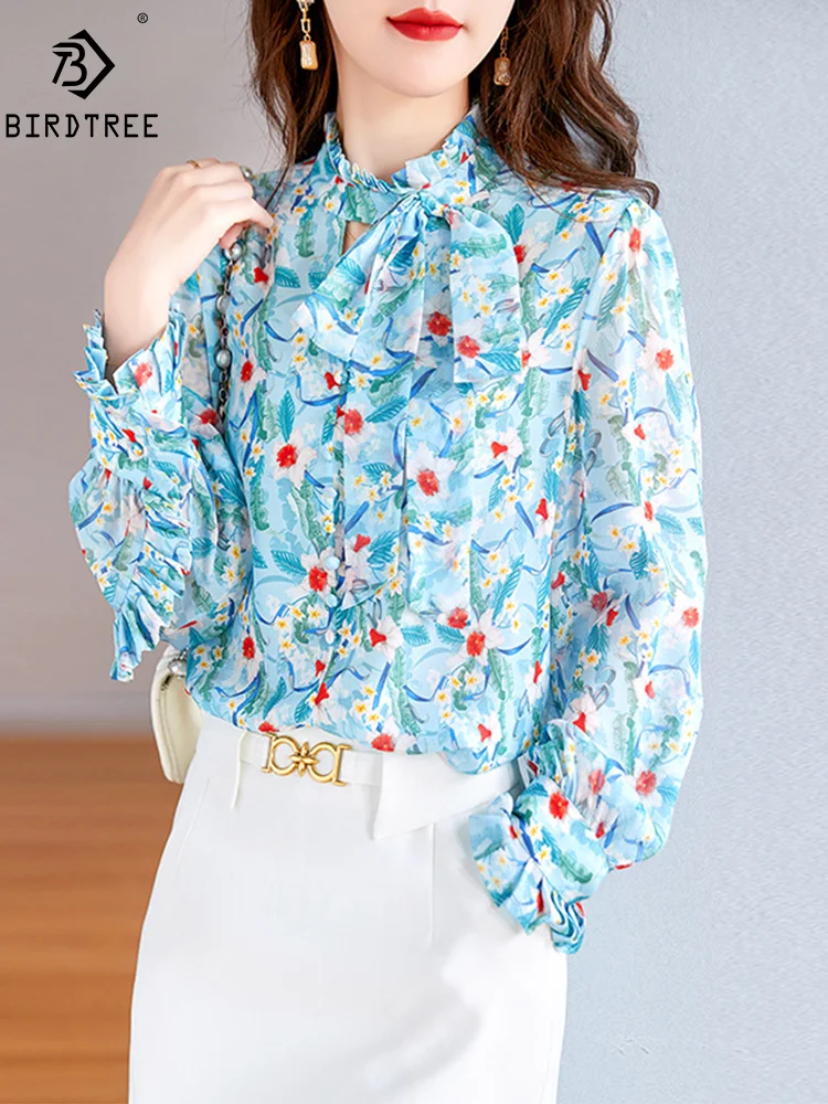 

BirdTree, 14MM 100%Real Silk Shirt, Women Long Sleeve Bow Print, Fashion Elegant OL Loose Blouse, 2024 Summer Autumn T467111QM