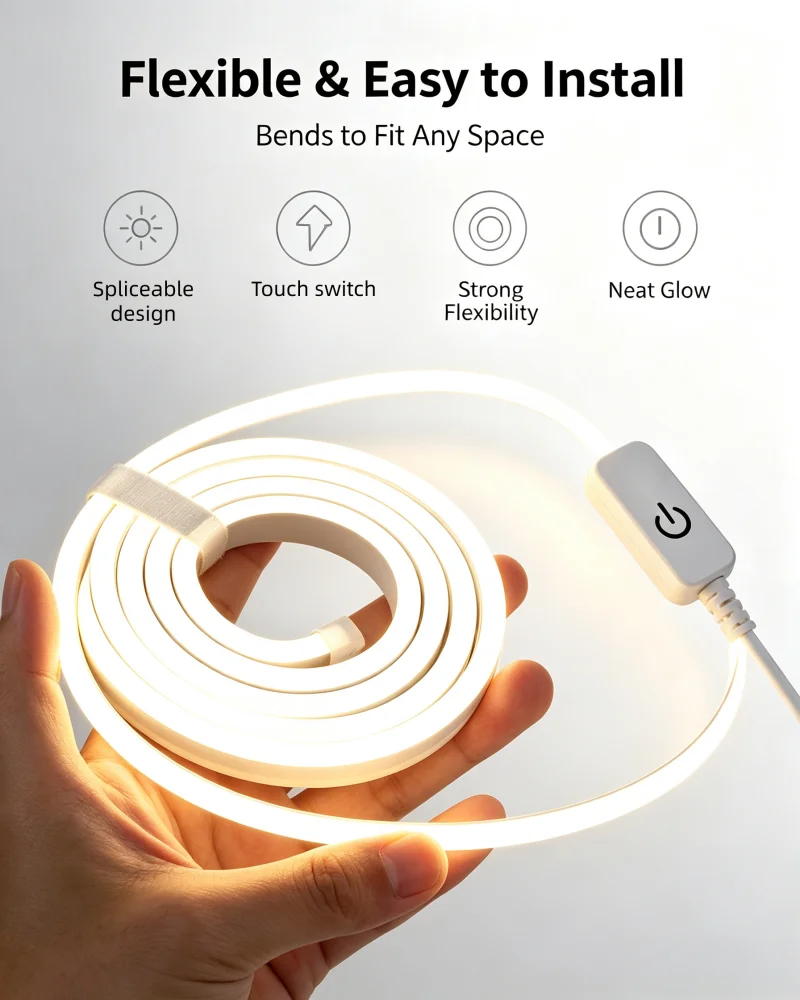 Flexible neon with touch switch, USB interface and adjustable brightness, suitable for indoor and outdoor landscape decoration.