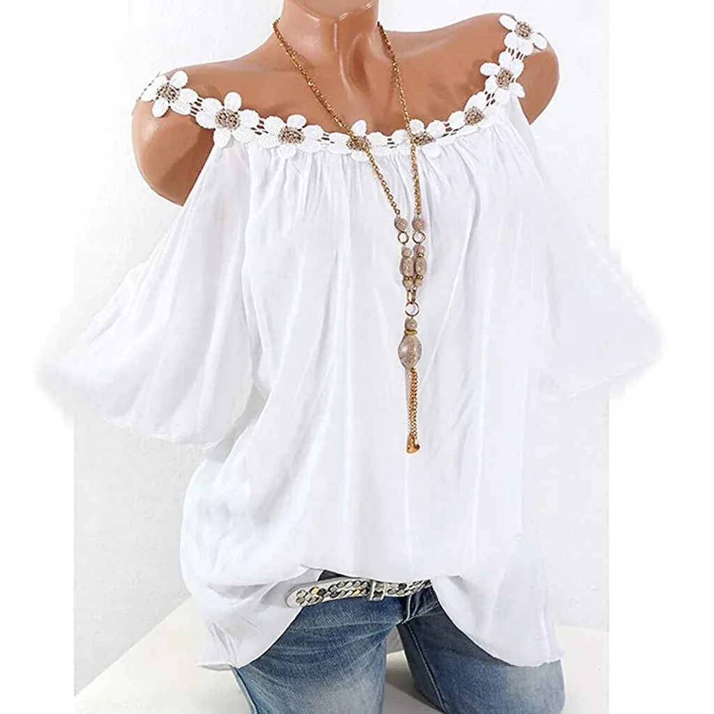 Sexy Off Shoulder Shirt Women 2025 Summer Short Sleeve Fashion Pullover Blouse with Flower Tops Loose White Blouses Blusas