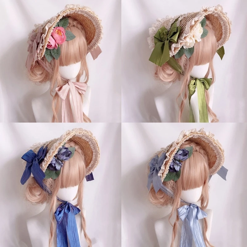 Lolita Headdress Lolita Hat Headpiece Lolita Hair Accessories Flat Top Hat Ruffle Lace Lolita Straw Hat With Strap Ribbon Flower