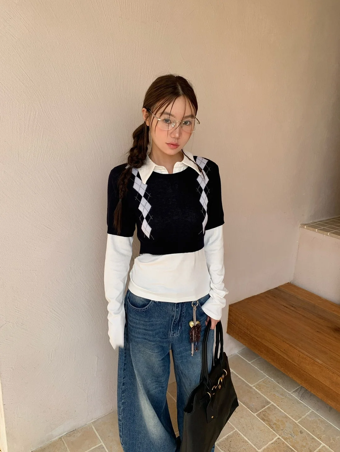 

Американский ретро-стиль: вязаная рубашка и комплект из двух предметов для женщин, весенняя новинка, с воротником, длинный рукав, полиэстер