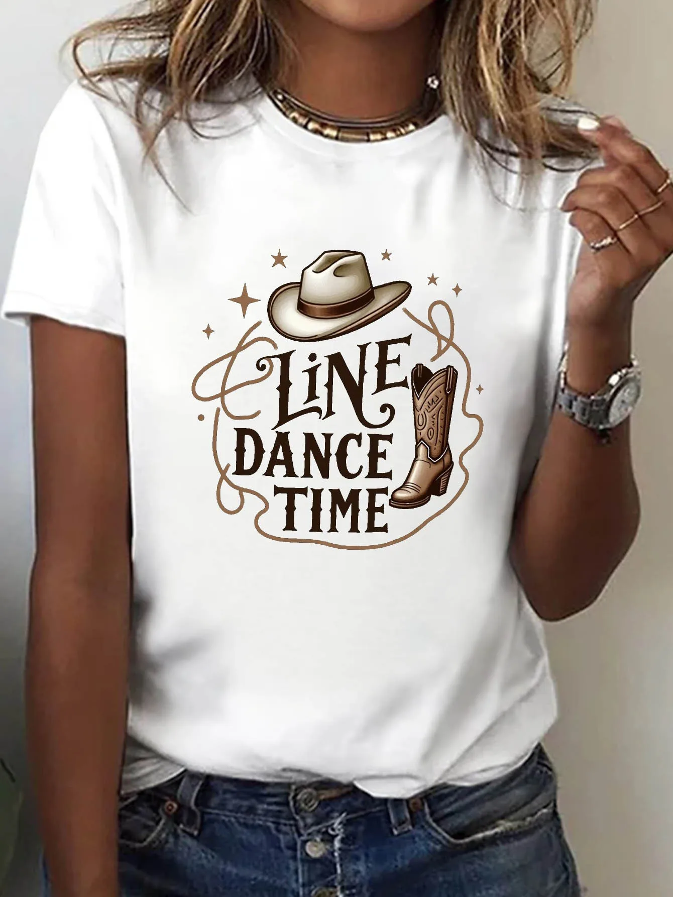New Women's Tshirt Cowboy Hat and Boots Line Dance Time Text Printed Round Neck Women's Summer Clothing Daily Fashion Casual Top