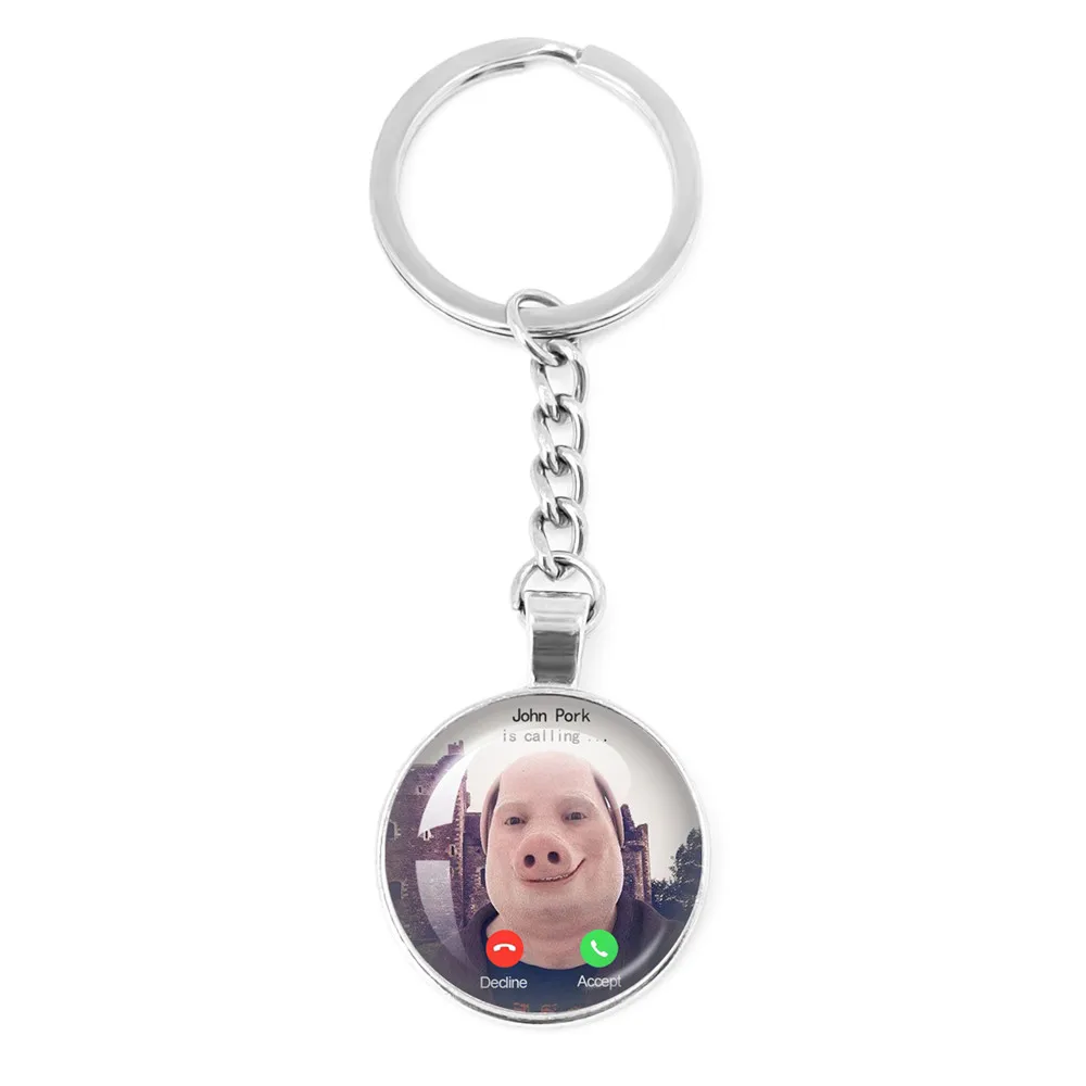 John Pork Is Calling Answer Call Phone Humor Funny Pig Lover Graphic  Meme Glass Dome Pendant Cabochon Keychain Jewelry Gifts