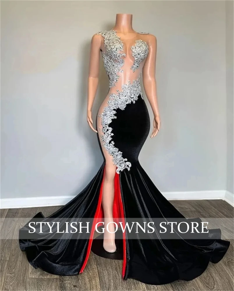 Sexy Sheer O Neck Long Prom Dress For Black Girls Appliques Birthday Party Gowns Cut Out High Slit Formal Gown Robe De Bal