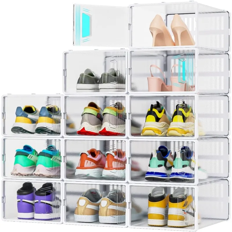 12 Pack Shoe Organizer, Clear Plastic Stackable Shoe Storage, Multifunctional Shoe Box, Universal Storage Boxes