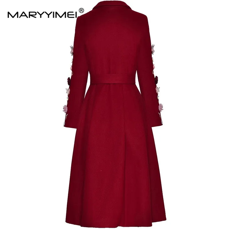 Women's Wine Red Coat Notched Single-breasted Unique Appliques Design Lace-up Long Sleeved Overcoat For Women 2024 Luxury Brand