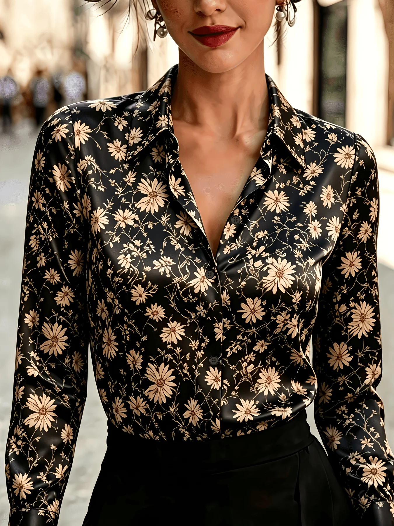 Women Vintage Floral Gradient Print Lapel Collar Long Sleeve Shirt Loose Button Down Office Elegant Blouse Tops 4