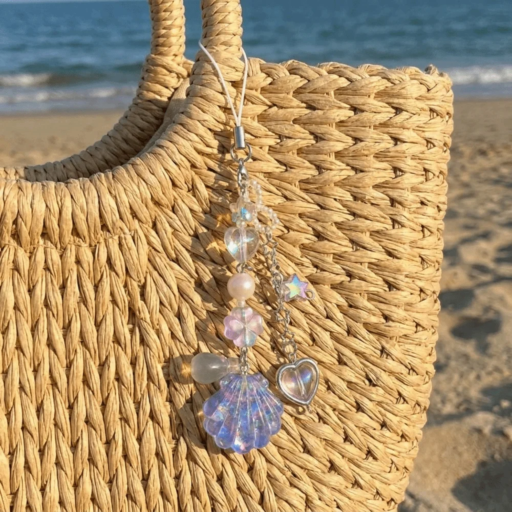Shell Pendant Keychain Charm Gold Tone Star Accents Keyring Pendant Glossy Finish Metal Hardware Protective Case