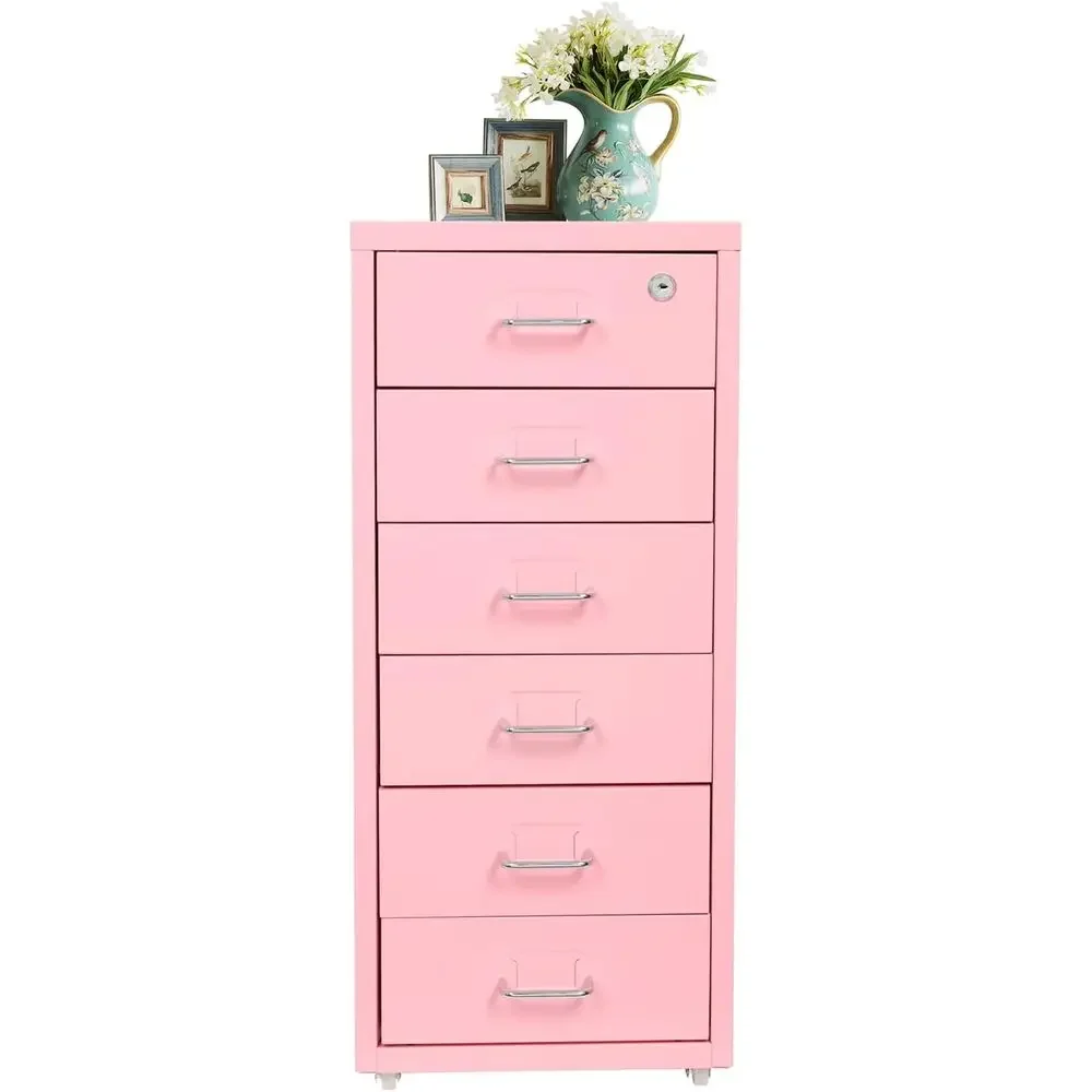 6-Tier Mobile Office Storage Cabinet with Lock and Wheels, Suitable for Legal, Letter, or Home Office (Pink)