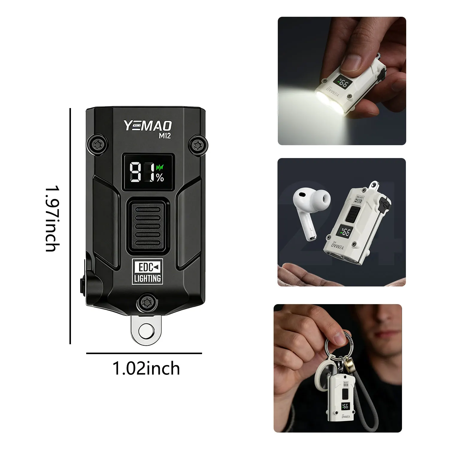 YEMAO M12 Pocket Flashlight 300 Lumens USB-C Charging Aluminum EDC Keychain Light With Power Display image 3