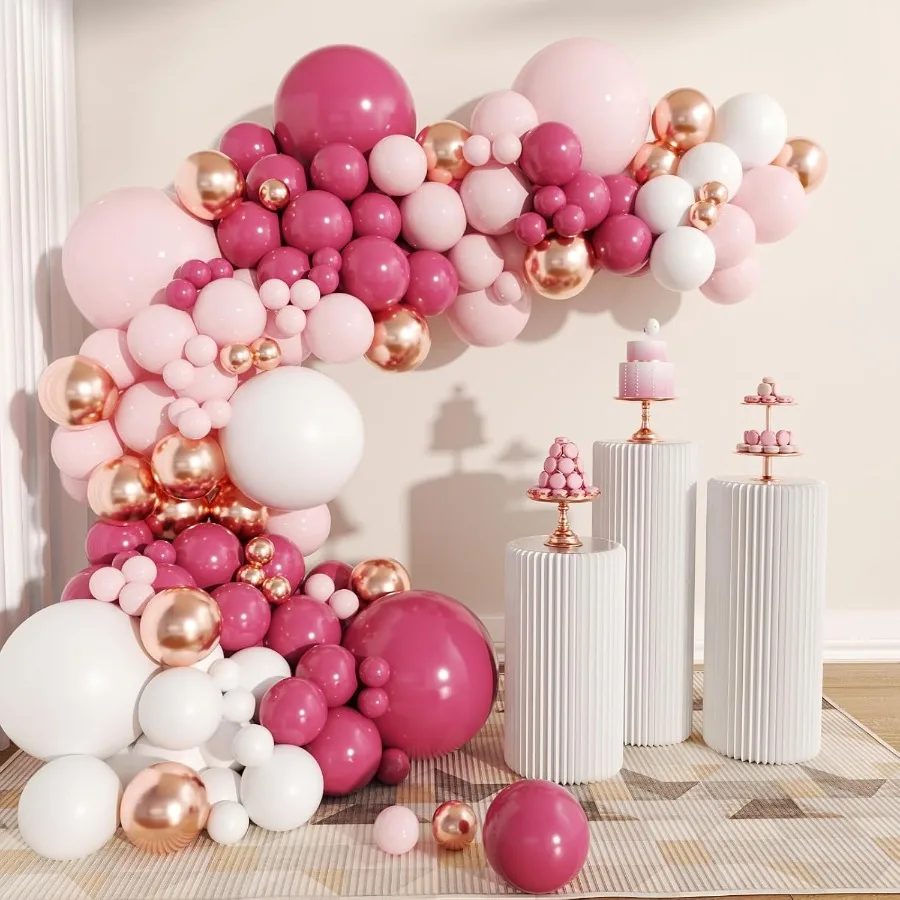 62Pcs 12Inch Black Rose Gold Pink Balloons Kit Vintage Pale Pink Black Rose Gold Confetti Party Balloons with Ribbons for Birth