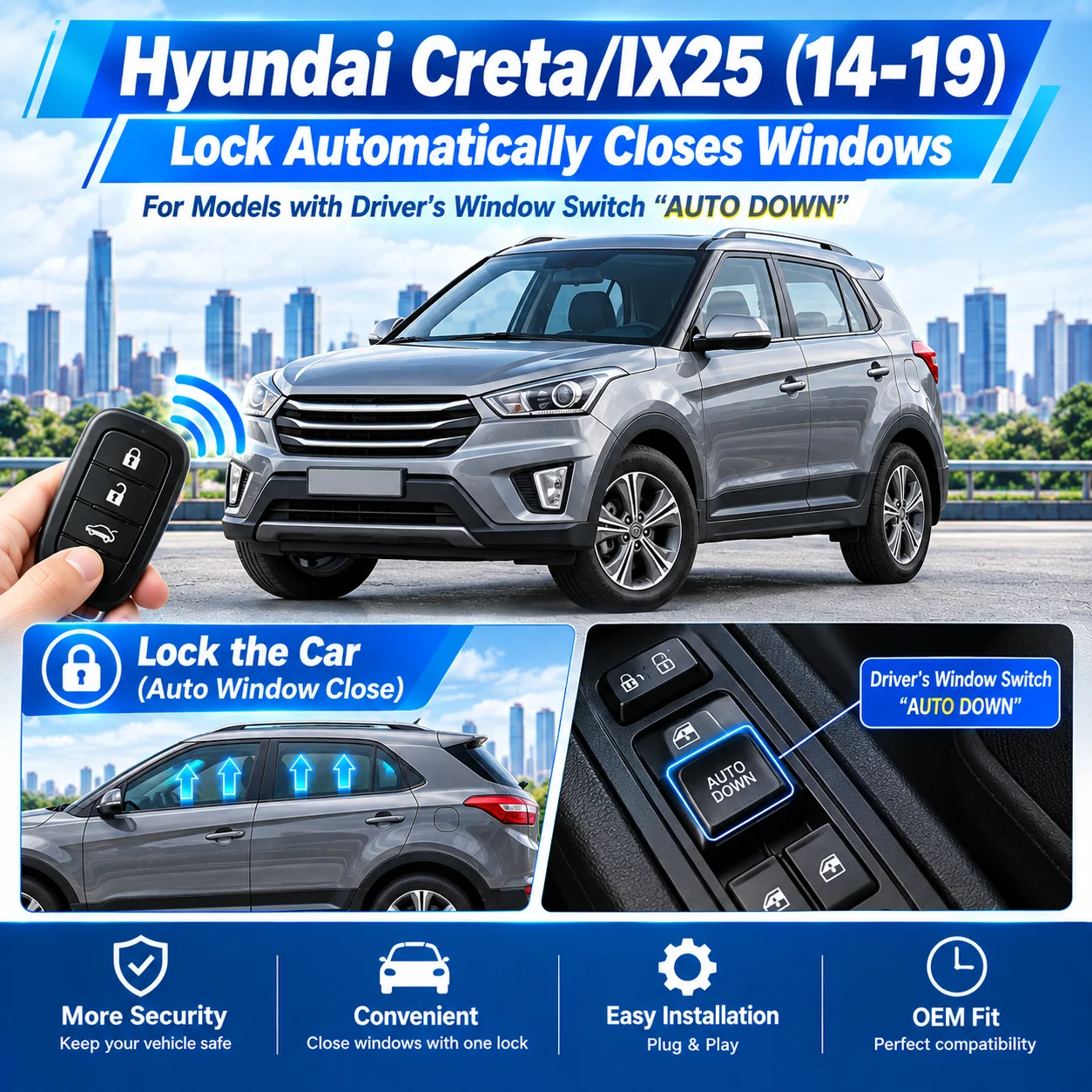 Automatic window-closing accessory for locking; suitable for Hyundai Creta/ix25 (2014–2019 models)