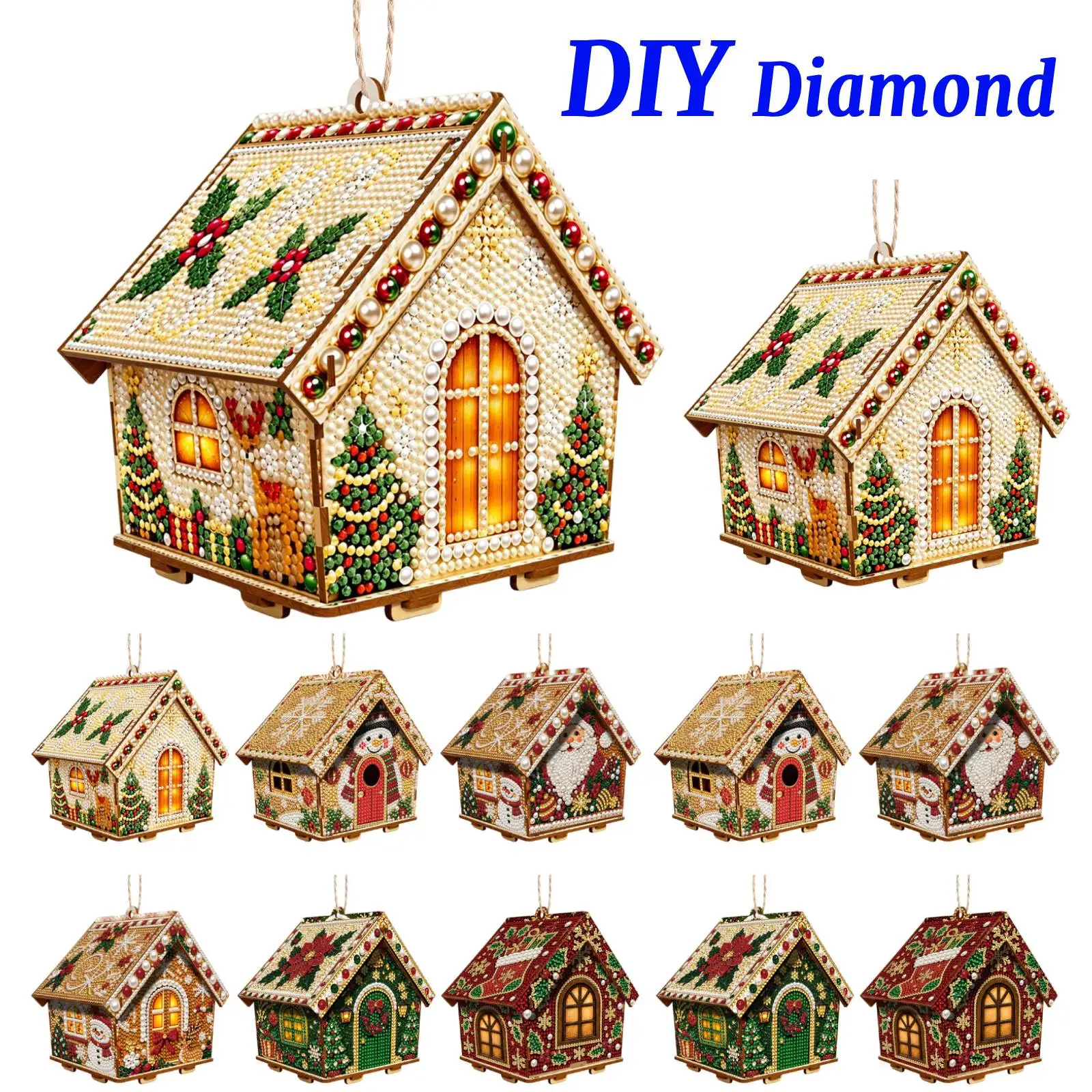 DIY Diamond Painting Wooden House Kit Holiday Craft Gift Hanging Wall Decor Resin Gem Drill Pen