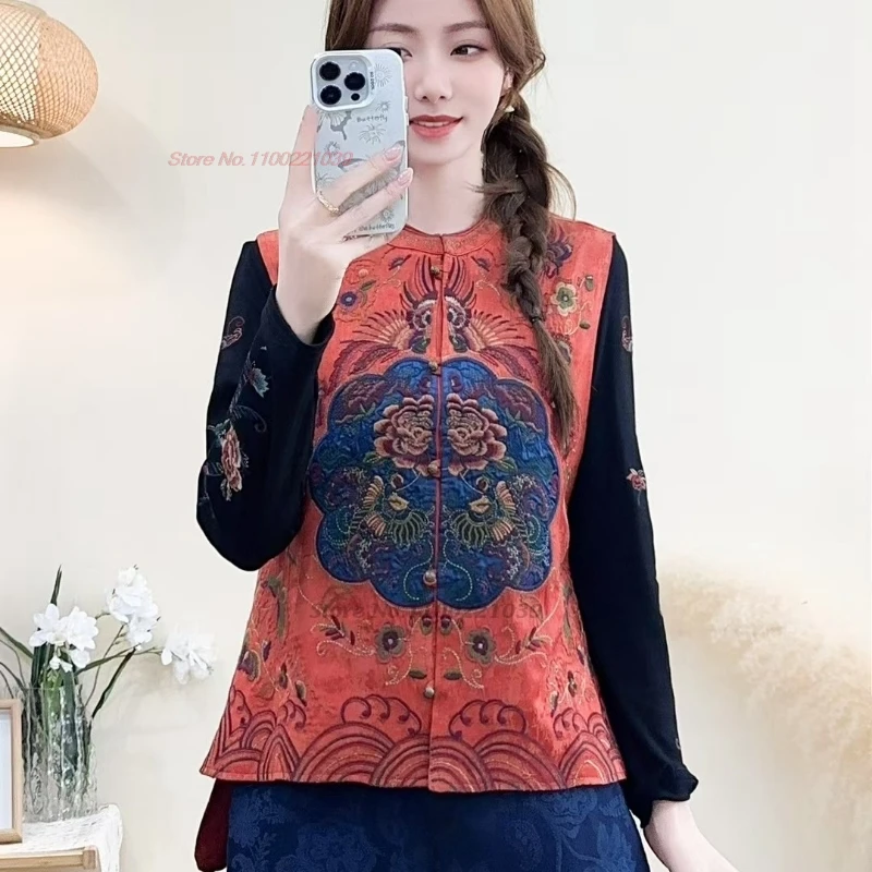 2025 rompi vintage jacquard satin bordir bunga nasional rompi rakyat leher-o Tiongkok atasan hanfu oriental jaket tanpa lengan retro