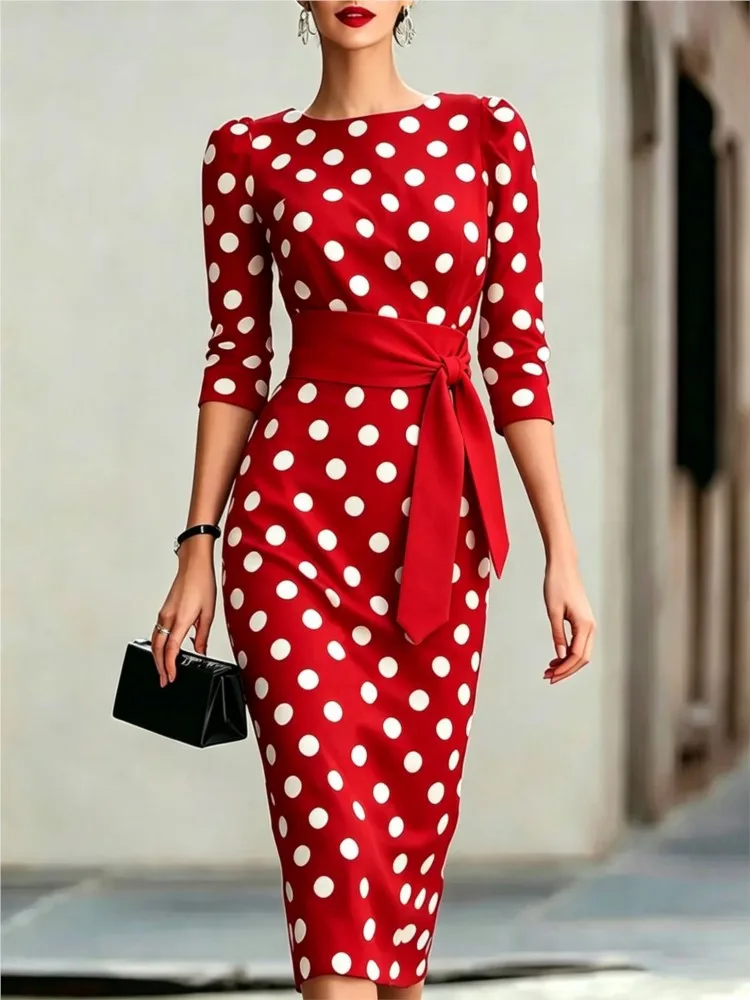 Elegant Women Office Party Midi Dress Fashion Polka Dot 3/4 Sleeve Pencil Dresses Spring Round Neck With Belt Slim Dress Robe