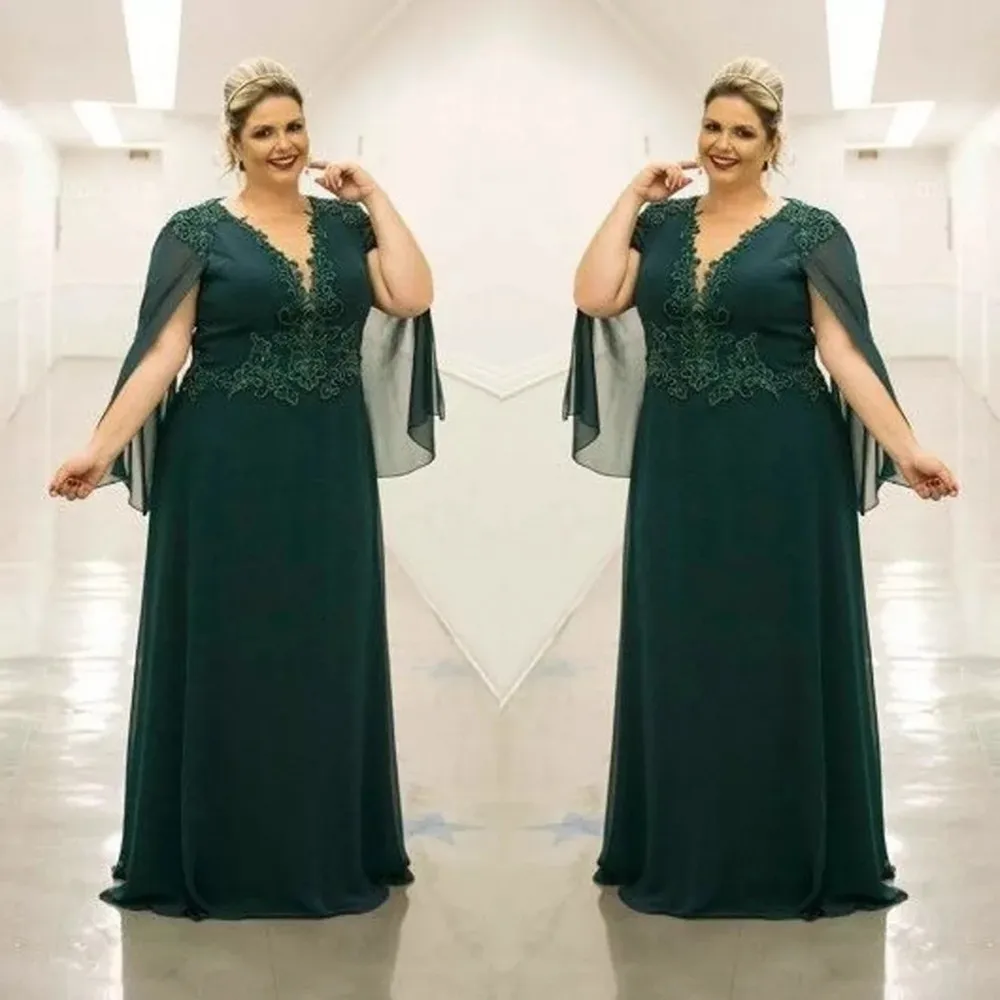 

Plus Size A-Line Mother of The Bride Dresses Wedding Party Dress for Women V-Neck Floor Length Chiffon Lace with Appliques 2024