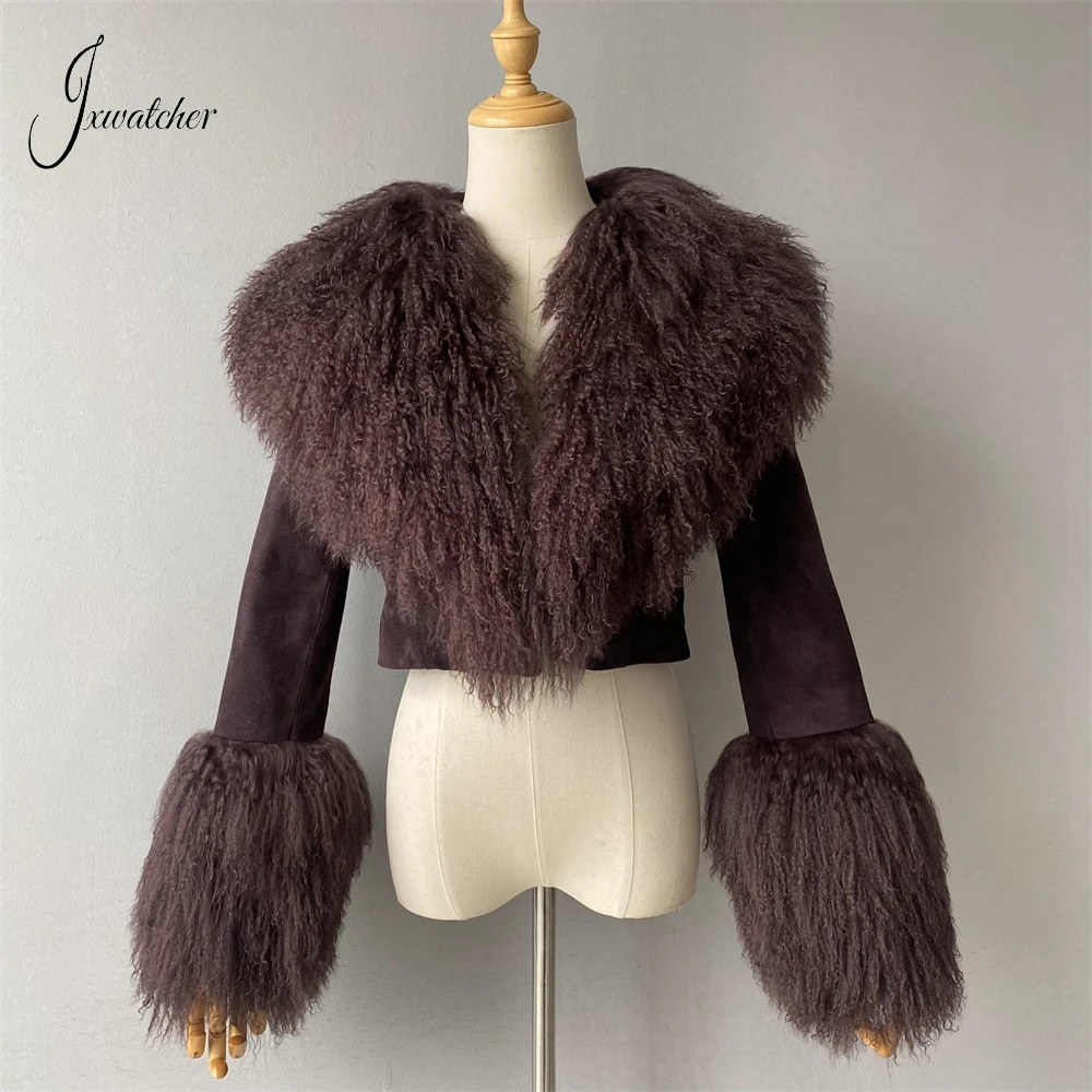 Jxwatcher Frauen Echt Wildleder Jacke mit Großen Mongolischen Schafe Pelz Kragen Dame Winter Mode Kurzen Mantel Lamm Pelz Abgeschnitten Mäntel Neue