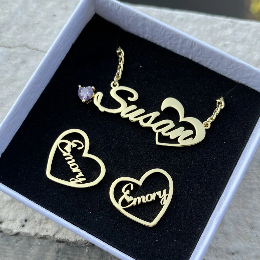 DUOYING Custom Heart Name Necklace Personalized Colorful Stone Nameplate Birthstone Letter Earring Studs Stainless steel Jewelry