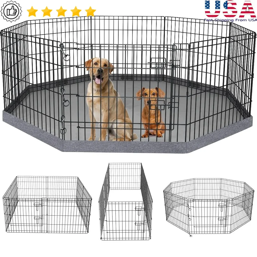 

Foldable Metal Dog Exercise Pen Indoor Outdoor Playpen 8 Panels with Water Resistant Bottom Pad Small Animals Pet Kennel Fence