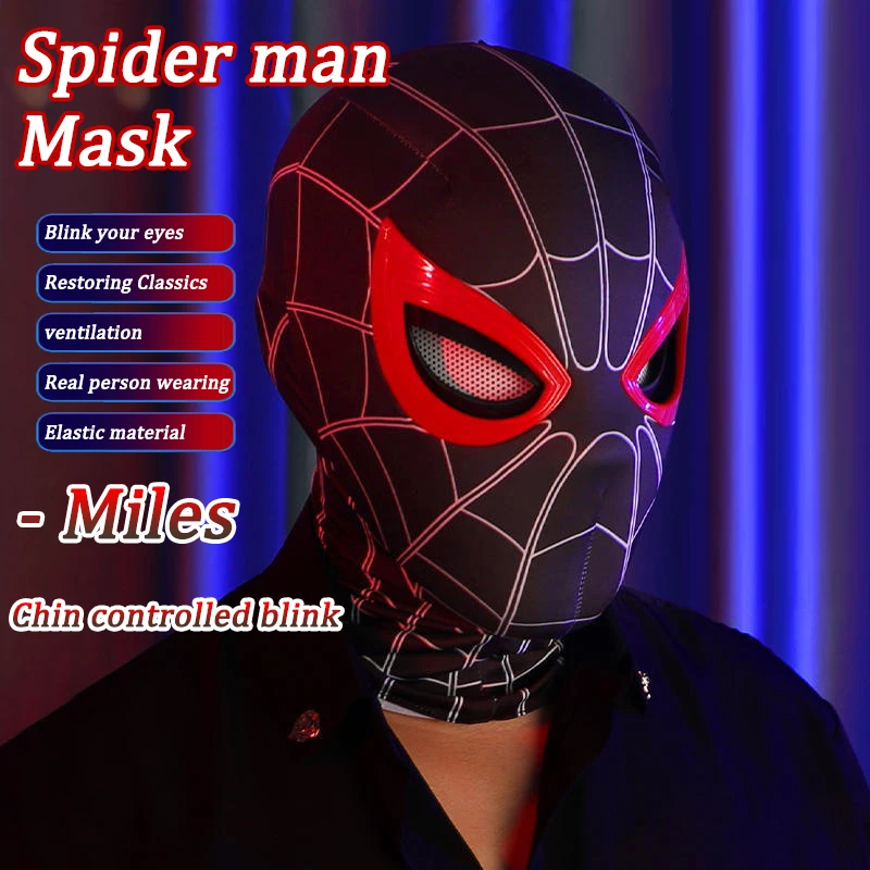 Máscaras de Spider Man Miles que pueden parpadear, tocado de Cosplay, modelo de ojos móviles, accesorios de fiesta, juguetes elásticos para adultos y niños, regalo de Navidad y Halloween