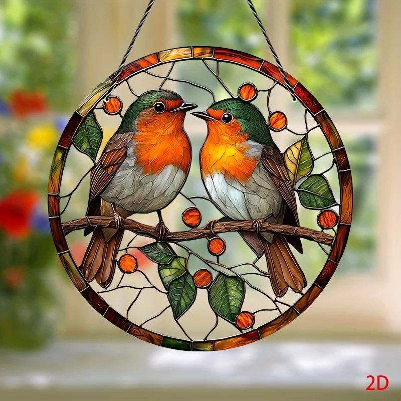 1pc Handcrafted Robin Bird Suncatcher - Vibrant Stained Glass Window Hanging Decoration, 20.32x20.32cm, Featuring Colorful Birds