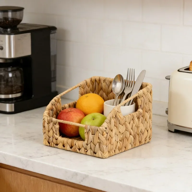 Rustic Style Natural Grass Woven Basket, Handmade Storage Organizer with Handle for Kitchen Bathroom Organization, Home Decor